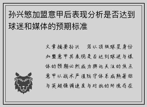 孙兴慜加盟意甲后表现分析是否达到球迷和媒体的预期标准 孙兴慜加盟意甲后表现分析是否达到球迷和媒体的预期标准